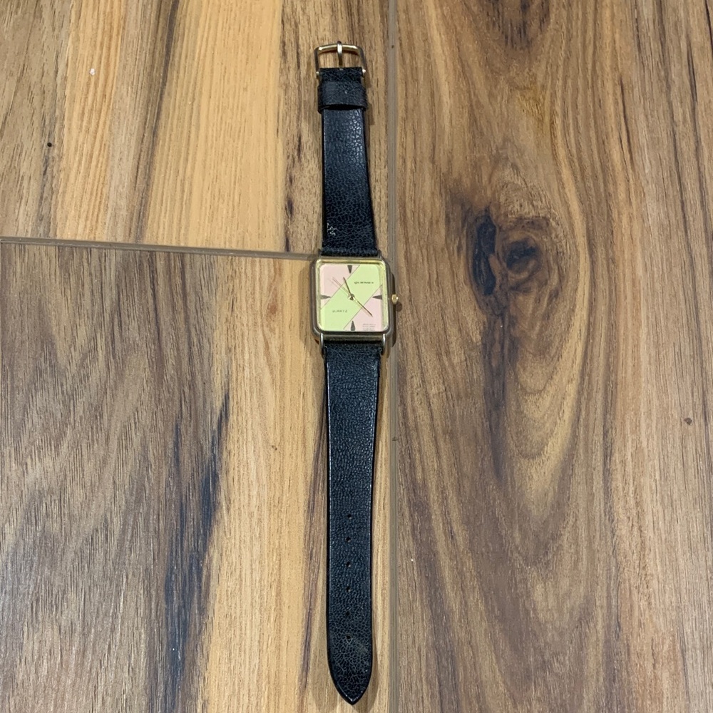 Vintage 70’s Quemex pink and gold square face watch w 6.5-8” leather band